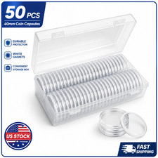50PCS 40.6mm Coin Capsules Clear Round Holders with White Gaskets Storage Box picture