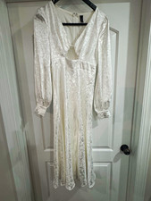 Windsor Women’s White Floral Jacquard Satin V-Neck Puff Sleeve Midi Dress S picture