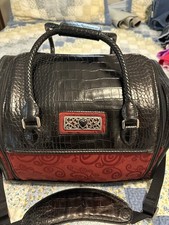 Brighton Weekender Bag Red Jacquard Black Croc Embossed Leather Vtg Train Case picture