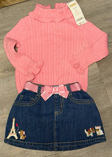 Gymboree 12-18M 2pc Pink Cable-Knit Sweater Blue Denim Skirt Paris Dog Bow picture