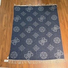 Guess Los Angeles 4G Logo Blanket Throw Navy NWT Italy Designer Cotton Fringe  picture