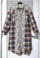 multi-color plaid checker contr fringe detail button down shirt midi dress L picture