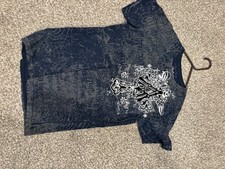 Vintage Y2K Archaic by Affliction Blue White Tee Shirt Grunge Goth Cross Medium picture