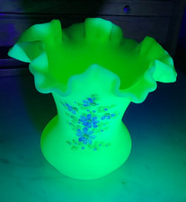 Fenton Uranium Custard Glass Ruffled Vase Hand Painted Signed 6 