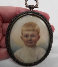Antique 1923 Hand Painted Young Boy in Oval Frame (marked Sterling) - Preowned picture