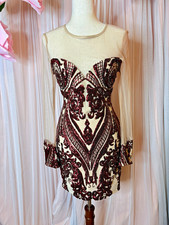 Main Strip Beige Burgundy Sheer Mesh Sequin Long Sleeve Bodycon Mini Dress L picture