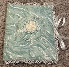 Vtg Handcrafted Padded Fabric Phone Address Book Lace Rose Pearl Aqua Coquette picture