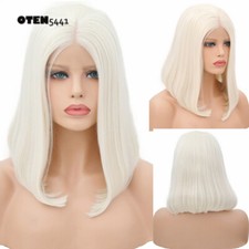 Shoulder Length White Blonde #60 Human Hair Blend Heat OK Lace Front Wigs Daily picture