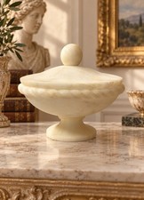 VTG BB Italy Carved Alabaster Dish W/Lid Footed Rope Twist Original Sticker 60’s picture