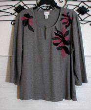 Chico's Women's Knit Top Size 3 US XL Long Sleeve Gray Floral Round Neck picture