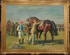 Old Master-Art Antique Oil Painting Park Meeting dark Bay Horse on canvas 30x40