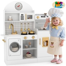 Kids Pretend Play Kitchen Set Wooden Toy with Sound,Lights,Washing Machine White picture