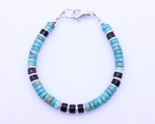 Arizona Turquoise & Black Onyx Bracelet, 6mm Bluish Green Heishi Gemstone Beads picture