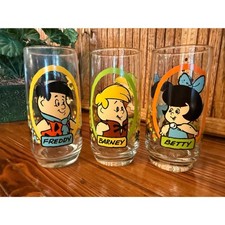 1986 Flintstone Kids Pizza Hut Glasses Set Freddy Barney Betty Hanna Barbera picture