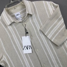 Zara Shirt Mens S Beige New Striped Relaxed Fit Waffle Knit Short Sleeve Casual picture
