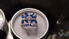 925 Sterling Silver Plated Blue & Clear CZ Flower Cocktail Ring Sz 9 picture