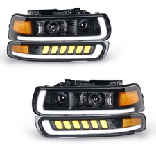 Fits 1999-2002 Silverado 00-06 Tahoe Black Projector Headlights+LED Bumper Lamps picture