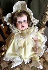 VTG 1987 Ceramic/Cloth DeHetre Punkin Baby Girl Doll Blue Eye Eyelash Brown Hair picture