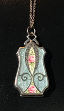 BEAUTIFUL Antique Sterling *ENAMEL GUILLOCHE* Locket NECKLACE **HAND PAINTED** picture