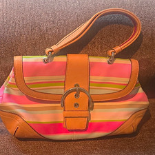 Vintage Y2K Coach Soho Pink Stripe Canvas Shoulder Bag Tan Leather Trim picture