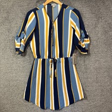 J for Justify Dress NWT Womens M Blue Yellow Striped Zip Front Roll Tab Mini picture