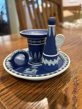 Antique Wedgwood Cobalt Blue Jasperware Chamberstick Candleholder With Snuffer  picture
