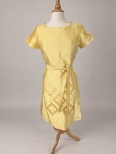Vintage 60s Yellow Raw Silk Diamond Pattern Tie Waist Dress Sz S picture