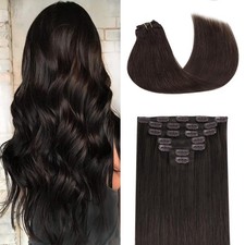 GOO GOO Clip in Hair Extensions Real Human Hair Dark Brown Remy Extensions picture