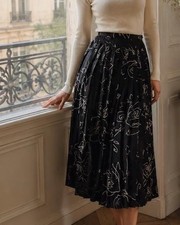 Vintage Elegant Pleated Midi Skirt | Black & White Abstract Floral Print | High picture