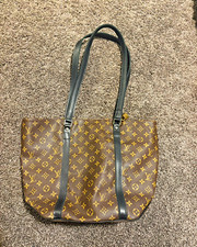 Vintage Boho Upcycled Louis Vuitton Monogram Tote Black Leather Straps picture