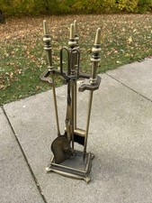 **Vintage MCM BRASS TEXTURED FINIAL  FIREPLACE SET 4 TOOLS & STAND HEAVY picture