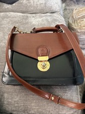 Vintage Equestrian Horse Crest Satchel Handbag Black Brown Gold Turn Lock picture