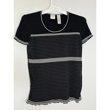 Emma James Womens Medium Black White Striped Dot Knit Short Sleeve Sweater Top picture