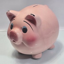 Vintage Mid Century Pink Ceramic Piggy Bank Blue Eyes 8
