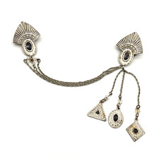 Vintage Twin SilverTone & Black Enamel Chain Chatelaine Brooch picture