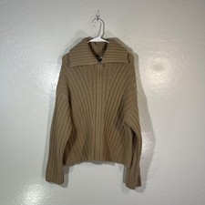 Vince Sweater Womens XL Beige Wool Cashmere Collared Full Zip Chunky Ribbed Knit picture