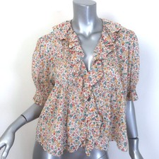 Doen Henri Ruffled Floral Print Top White/Multicolor Cotton Size Medium picture