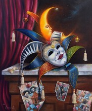 Original Oil Painting Harlequin Venice Mask Crescent Moon Sery Dmitry Art picture
