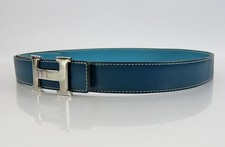 Authentic HERMES Navy/Blue Leather Reversible Belt & Silvertone H Buckle #64253 picture