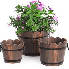 Wooden Barrel Planters Set of 3 Rustic Flower Pots Indoor Outdoor Plant Pots picture