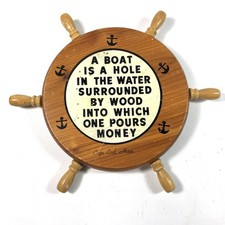 Vintage Wooden Wall Hanging Sailboat Ship Wheel 7.5in Funny Expression Idiom picture
