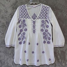 Sevya Handmade Embrodiered Cotton Tunic Women's Small Purple White Boho Coastal picture