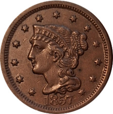 Key Date 1857 Braided Hair Large Cent Copper Penny Coin w/ Scratches Obv. & Rev. picture