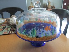 WONDERFUL HAND PAINTED NAUTICAL PEDESTAL GLASS CAKE DISH WITH DOME TOP picture