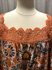 ZAC & RACHEL Women’s Plus 2X Brown Floral Lace Yoke Square Neck 3/4 Blouse picture