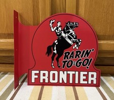 Frontier Gas Oil Flange Sign Horse Rodeo Cowboy 2 Sided Vintage Style Wall Decor picture