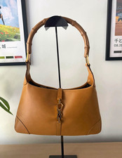 Gucci Brown Leather Shoulder Bag Bamboo Handle GG Jacquard Lining picture