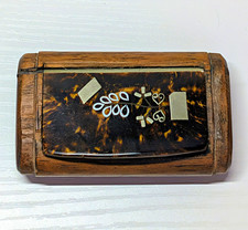 Antique Georgian Treen Snuff Box Inlaid Pique Hearts Wood Horn Pocket Folk Art picture