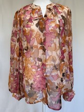 Women's Chico's Floral V-Neck Long Sleeve Pullover Blouse Size S Pink Brown picture