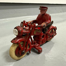 Antique Champion Cast Iron Police Motorcycle Toy 7” Original Paint Rider 1930s picture